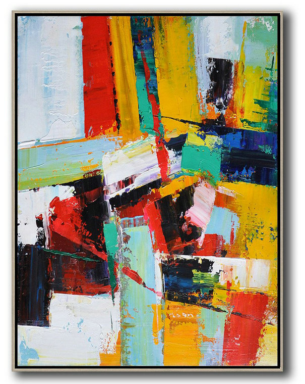 Xl Large Canvas Art,Vertical Palette Knife Contemporary Art,Large Oil Canvas Art,Red,Yellow,Dark Blue,White.etc
